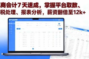 （16192期）电商会计7天速成，掌握平台取数、财税处理、报表分析，薪资翻倍至12k+