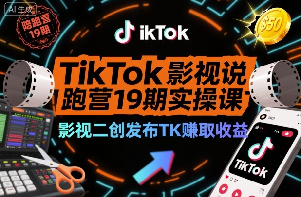 TikTok影视解说陪跑营19期实操课,影视二创发布TK賺取收益,万播收益50美金